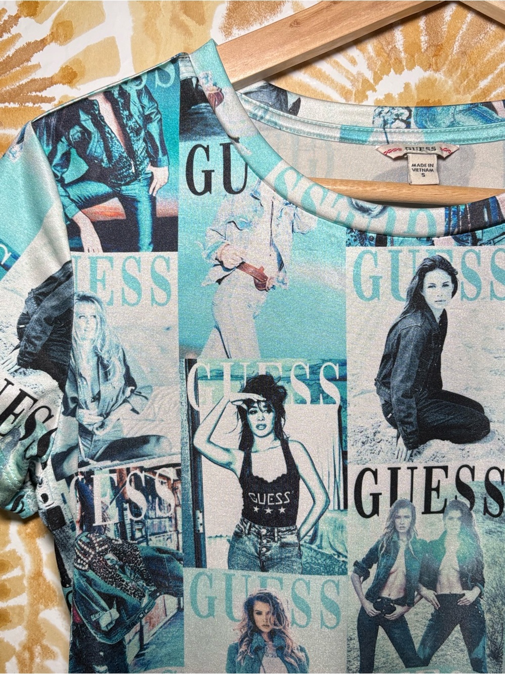 GUESS Graphic Logo Tee | Y2K Baby Tee | Blue Collage Print Fitted T-Shirt - Picture 6 of 10
